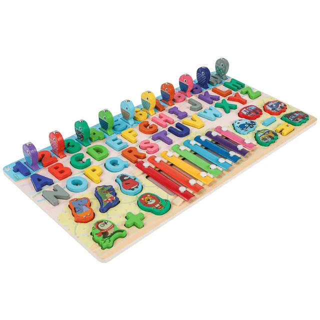 Large wooden 6-in-1 Montessori learning board showing full A to Z alphabet puzzle pieces, numbers 1 to 10 with math symbols