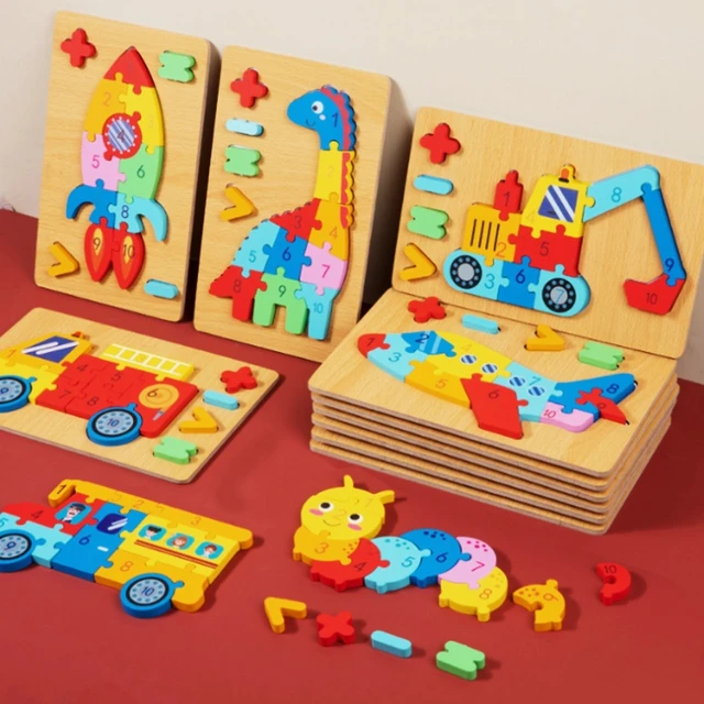 Wooden number jigsaw puzzle for kids with math symbols and 12 themed boards including animals, vehicles and characters for early math learning