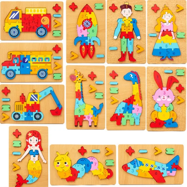Set of wooden puzzles with colorful characters and shapes on a wooden board.