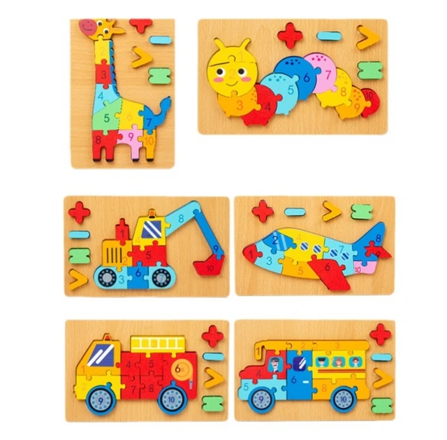 Set of colorful wooden puzzles shaped like animals and vehicles on a white background