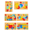 Set of colorful wooden puzzles shaped like animals and vehicles on a white background