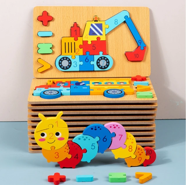 Wooden puzzle toy with colorful construction vehicle design on a light blue background