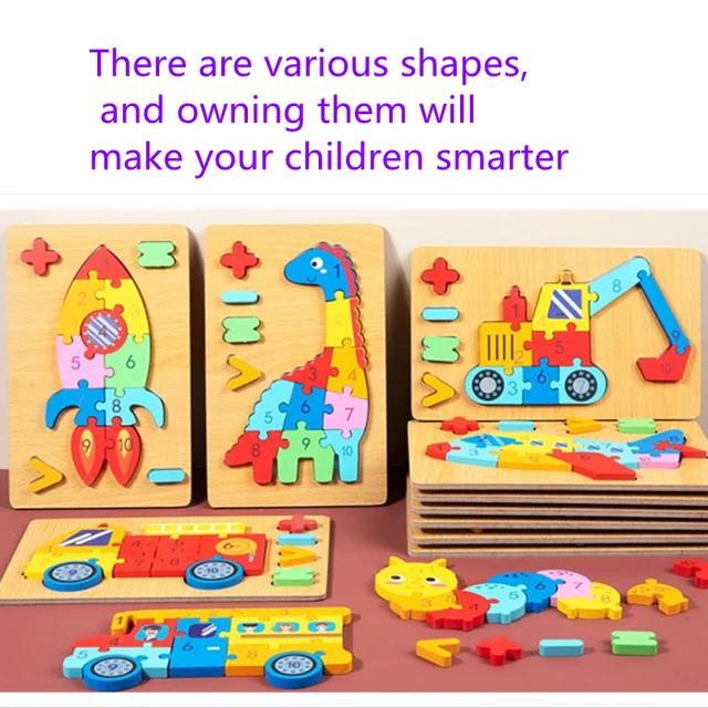 Set of colorful wooden puzzles for children on a pink background with text.