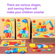 Set of colorful wooden puzzles for children on a pink background with text.