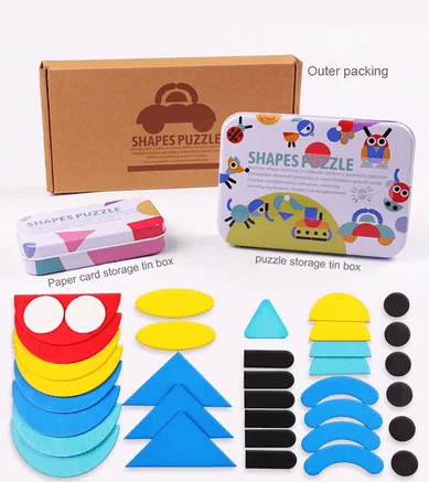 Wooden Shapes Puzzle Tin box