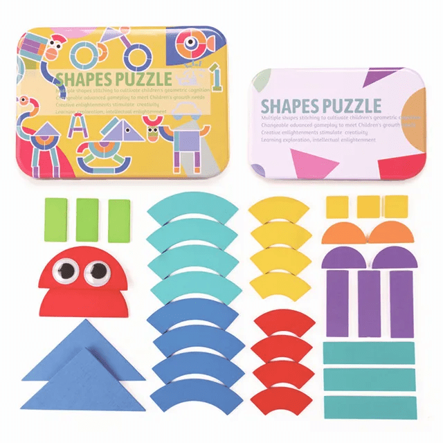 Wooden Shapes Puzzle Tin box