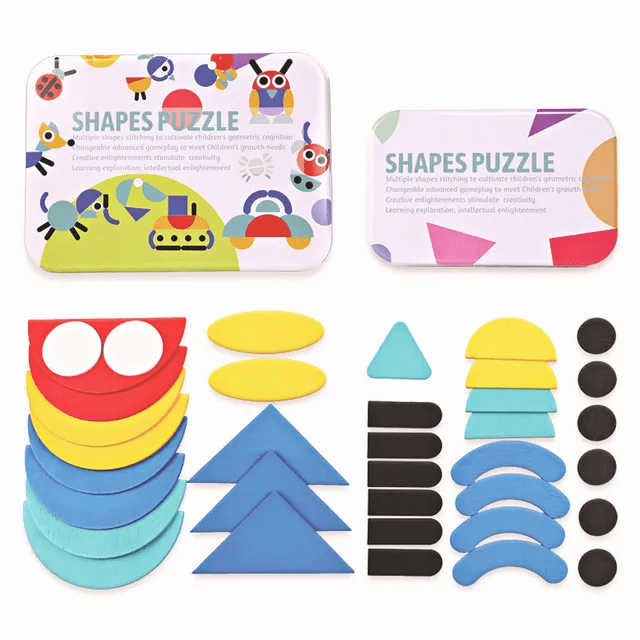 Wooden Shapes Puzzle Tin box