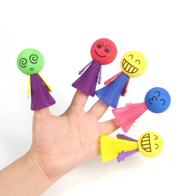 Colorful finger puppets on a person's fingers against a white background