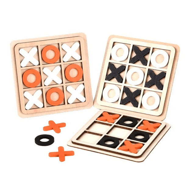 Premium wooden Tic Tac Toe XO board game set with chunky X and O pieces in natural wood finish for kids and families aged 3 and above