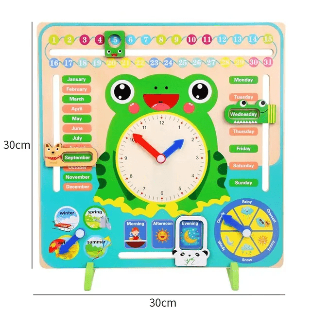 Multi Functional Calendar Clock - Frog - Wooden