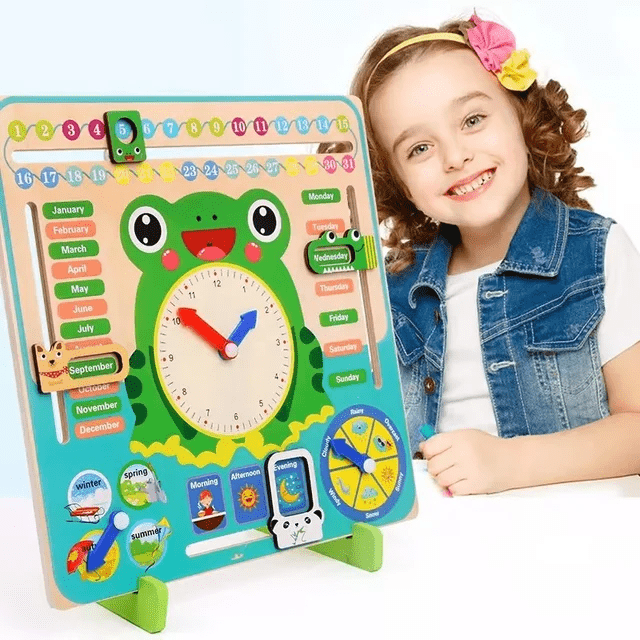 Multi Functional Calendar Clock - Frog - Wooden