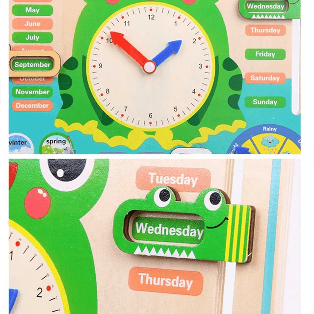 Multi Functional Calendar Clock - Frog - Wooden