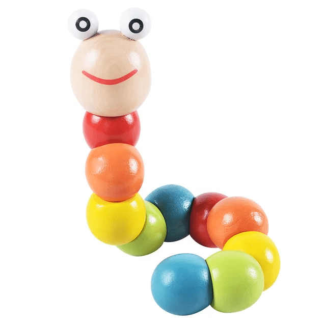 Wooden flexible twisting rainbow worm toy with colourful ball segments and smiling face for toddlers aged 1 and above