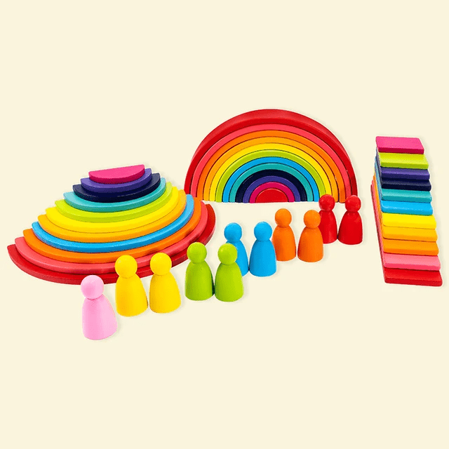 Premium wooden Montessori rainbow stacker set with 11 graduated arches flat boards