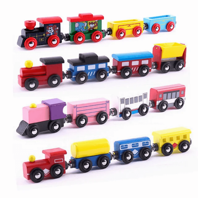 Set of 4 wooden magnetic train carriages pull along toy for toddlers and kids aged 1 and above in bright natural colours