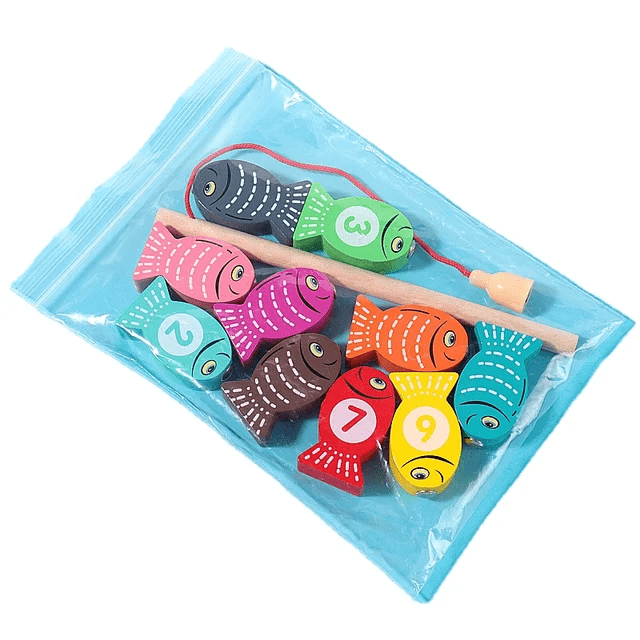 Wooden mini magnetic fishing kit with 10 colourful numbered fish and magnetic fishing rod in resealable blue pouch for kids aged 2 and above