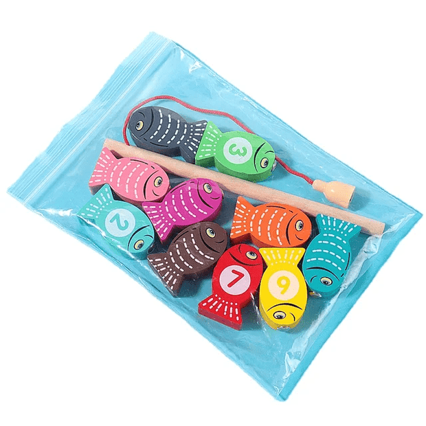 Wooden mini magnetic fishing kit with 10 colourful numbered fish and magnetic fishing rod in resealable blue pouch for kids aged 2 and above