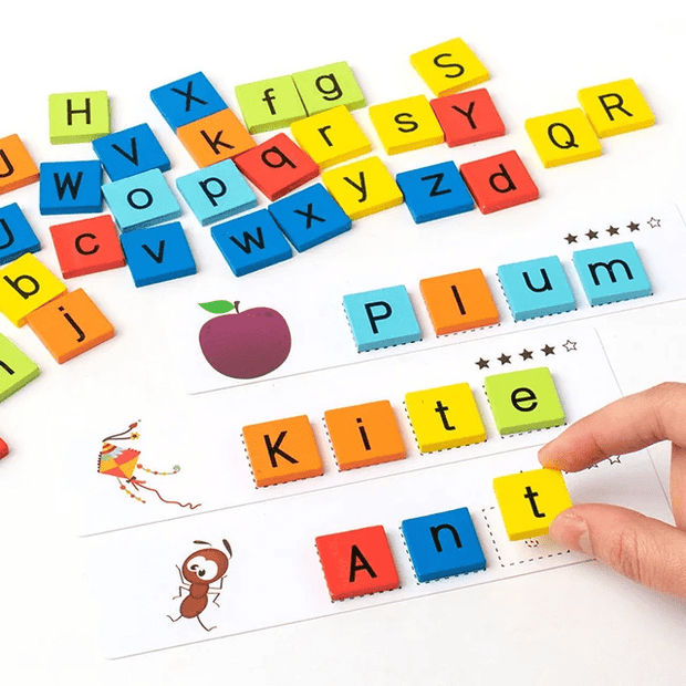 Wooden Spelling Game with Cards and Alphabets