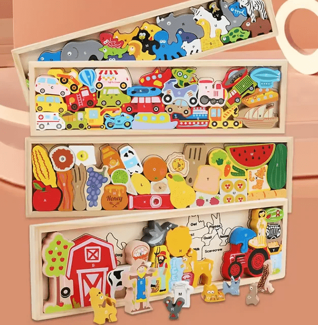 Wooden Vehicles / Farm with A-Z in a tray Puzzle