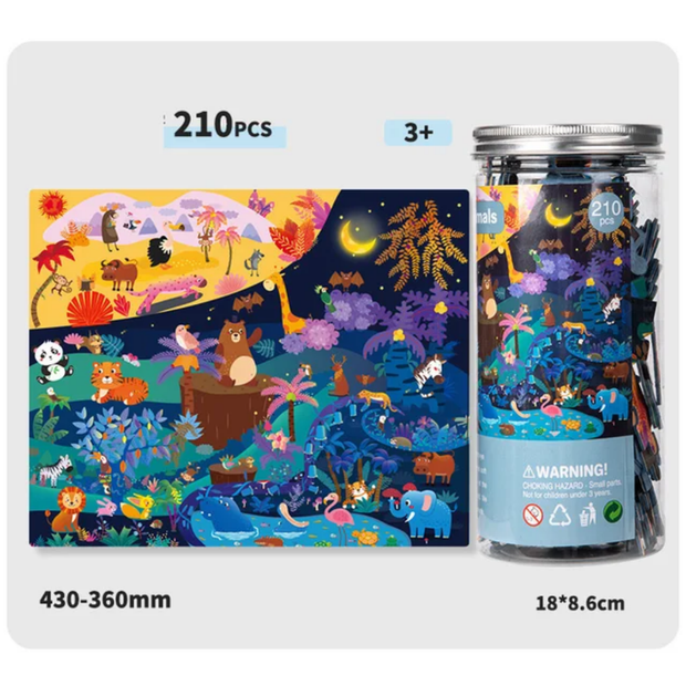210-piece jigsaw puzzle pieces stored in a reusable jar gift packaging for kids and families aged 6 and above