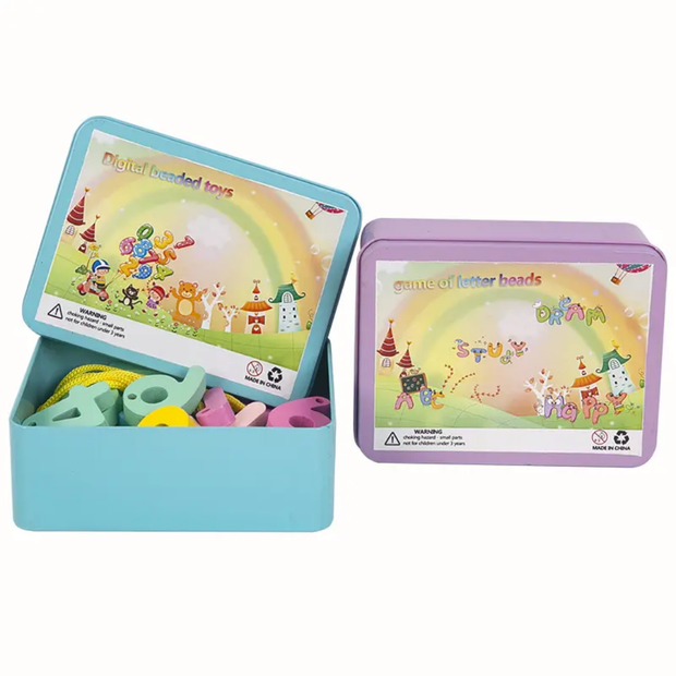 Beaded alphabet and number lacing toy set in tin box with 26 colourful letter beads 10 number beads and 2 lacing strings for kids aged 3 and above