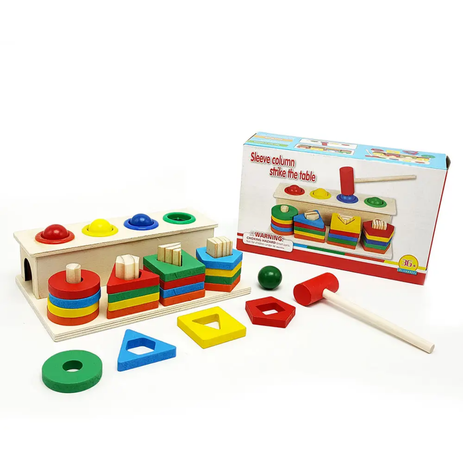 3-in-1 wooden shape stacking columns and hammer strike bench Montessori toy with mallet and colourful shape pieces for toddlers aged 3 and above