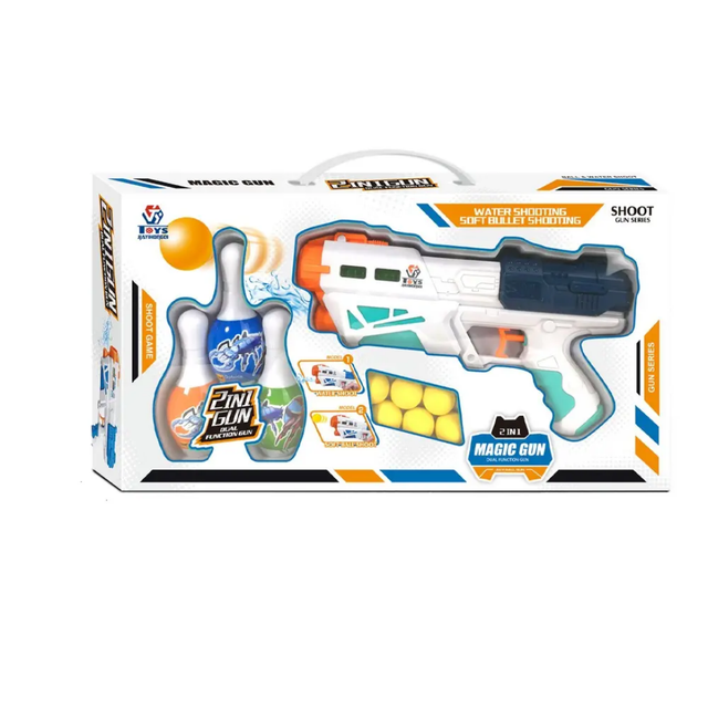 2 in 1 toy gun for kids with soft foam balls, bowling pins and water shooting function