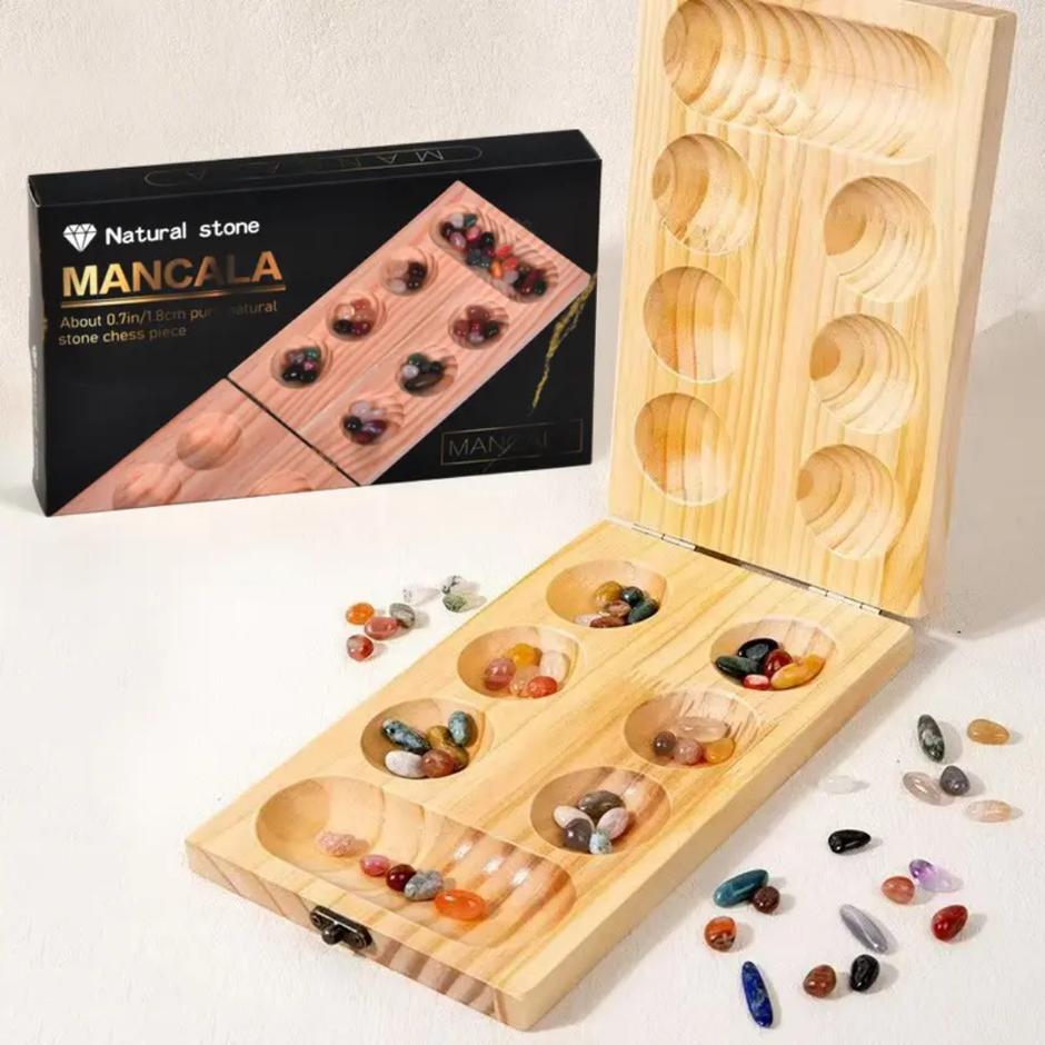 Premium folding hardwood Mancala board game with natural gemstone