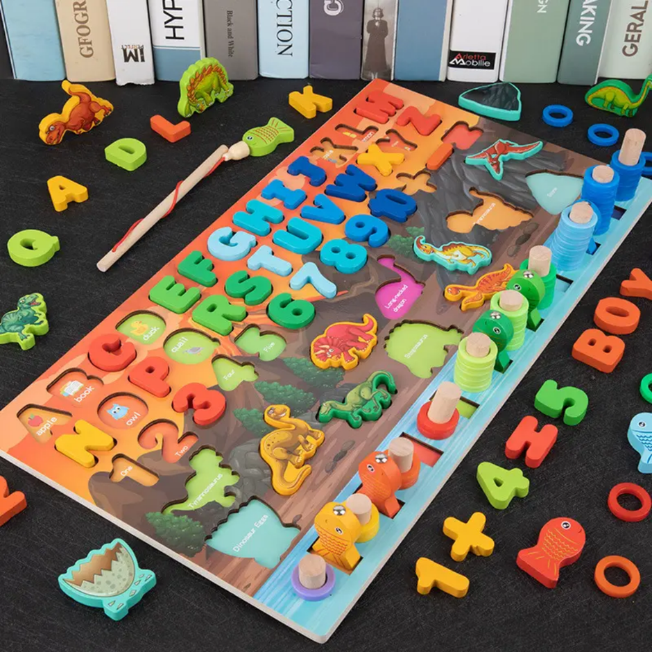 Wooden Dino theme Log Board with Alphabets and Numbers