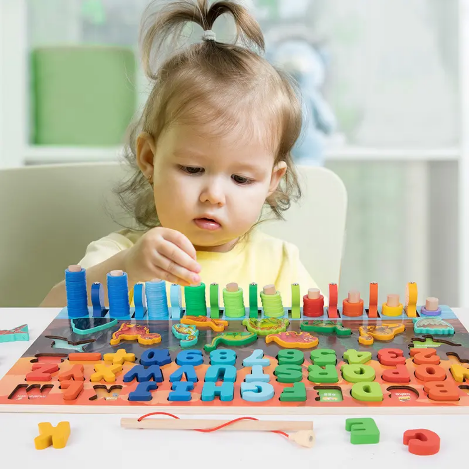 Wooden Dino theme Log Board with Alphabets and Numbers