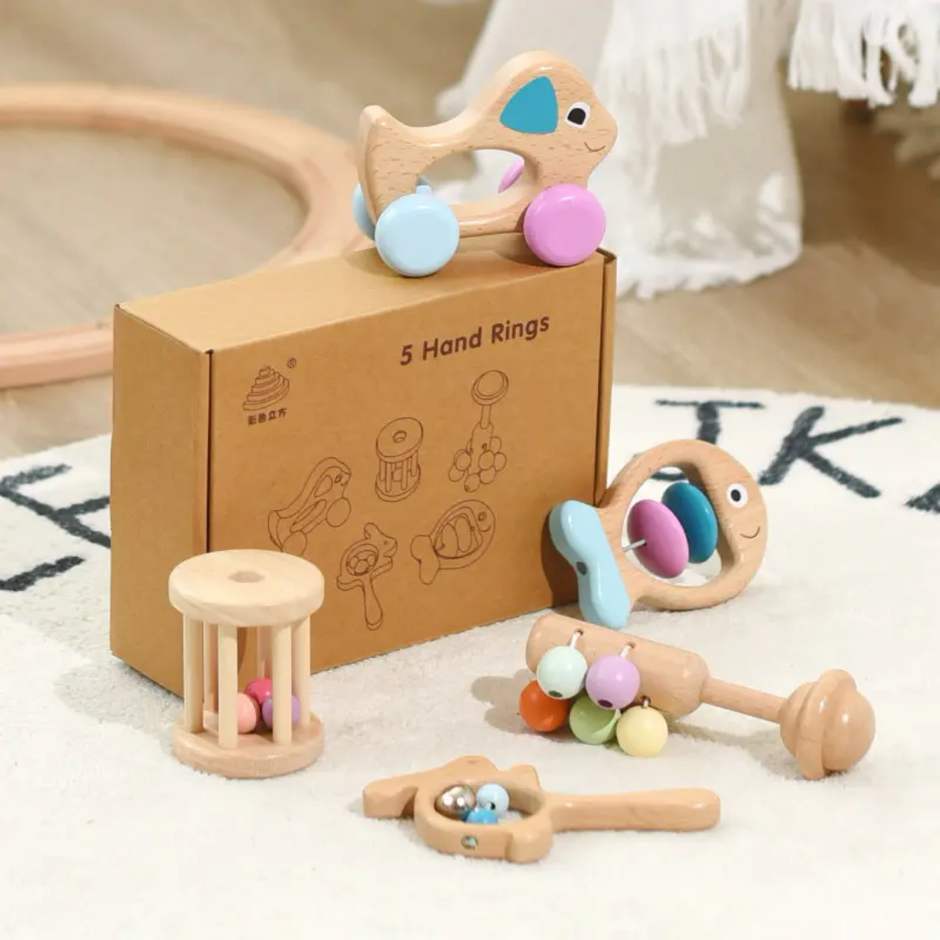 5 in 1 Wooden Newborn Shakers / Rattle Set