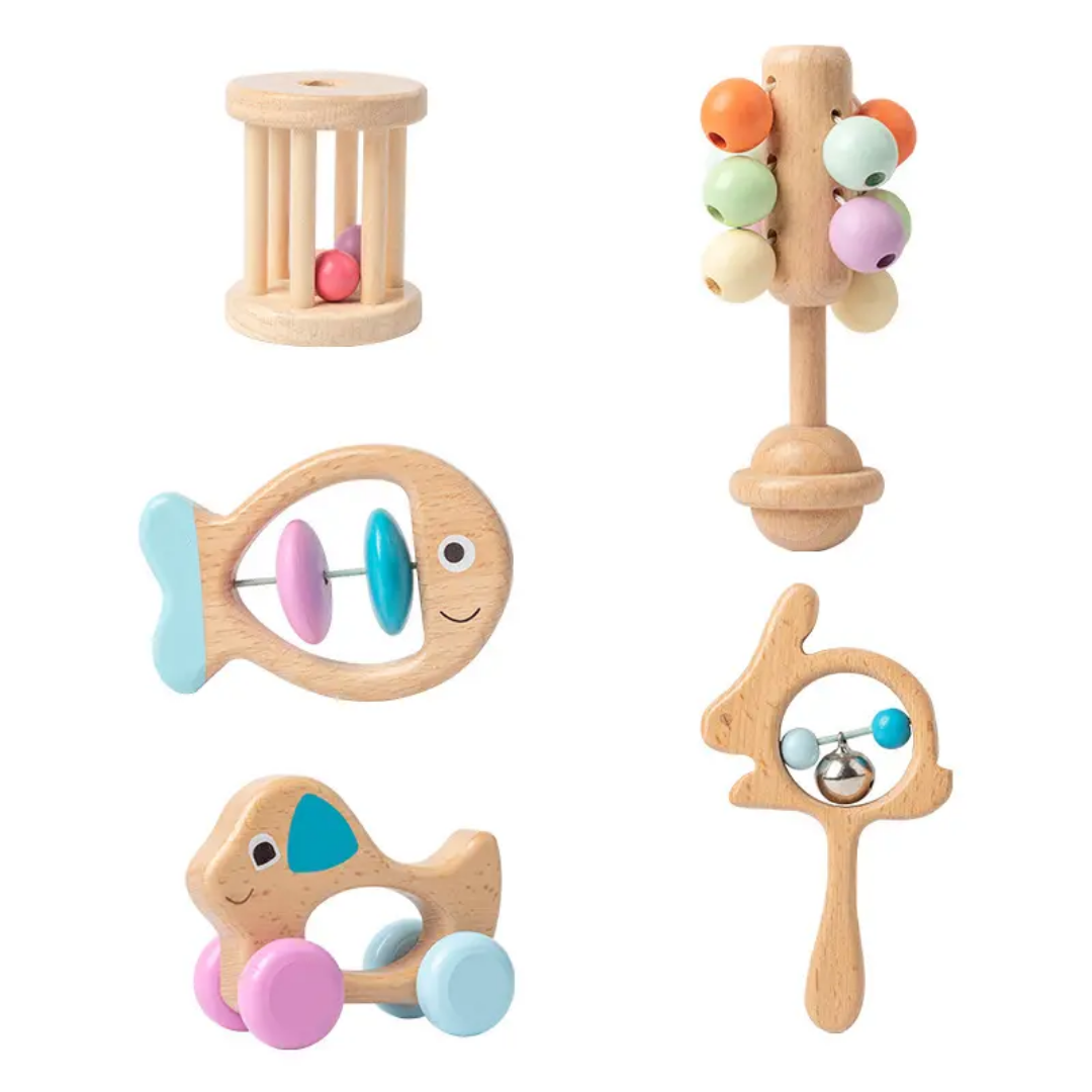5 in 1 Wooden Newborn Shakers / Rattle Set