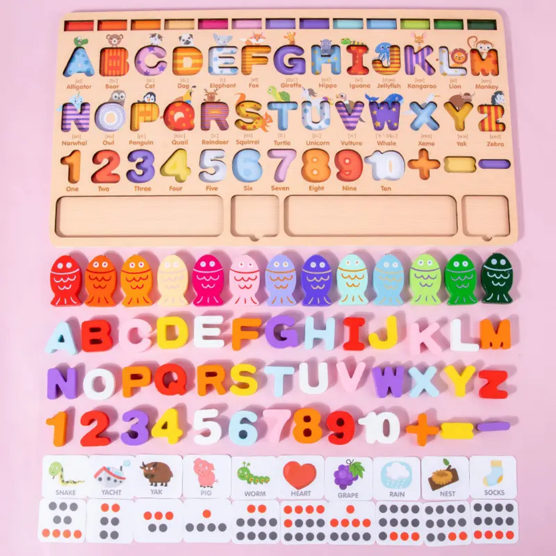 Wooden Educational Counting and Uppercase Letter Log Board