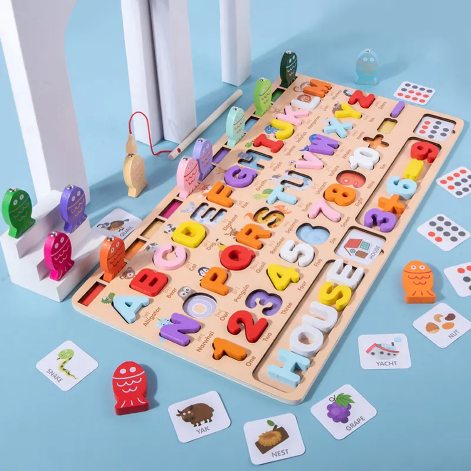 Wooden Educational Counting and Uppercase Letter Log Board