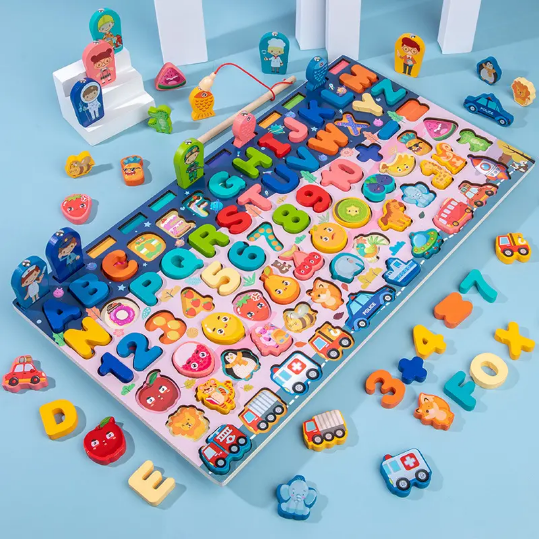 Multifunctional 8 in 1 Alphabet and Numbers Log Board with Fishing - Wooden