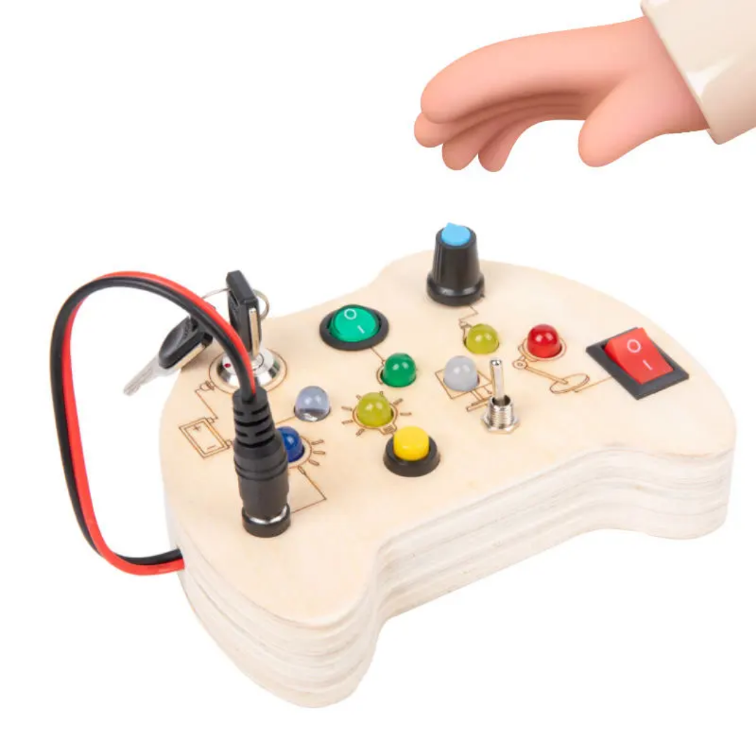 Wooden busy board toy with real working switches knobs toggle and LED lights for pretend play and STEM discovery for kids aged 3 and above