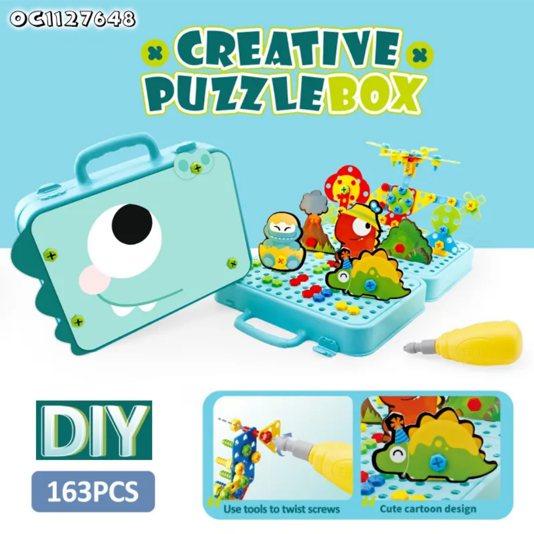 DIY Creative Puzzle Box - Building Blocks Assembled - Dino Theme with Battery Operated Screw Driver Pretend Play