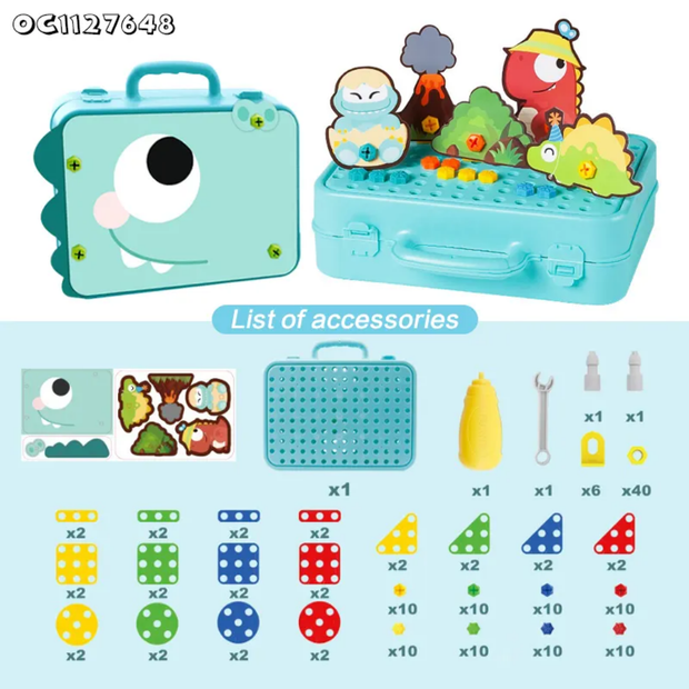 DIY Creative Puzzle Box - Building Blocks Assembled - Dino Theme with Battery Operated Screw Driver Pretend Play