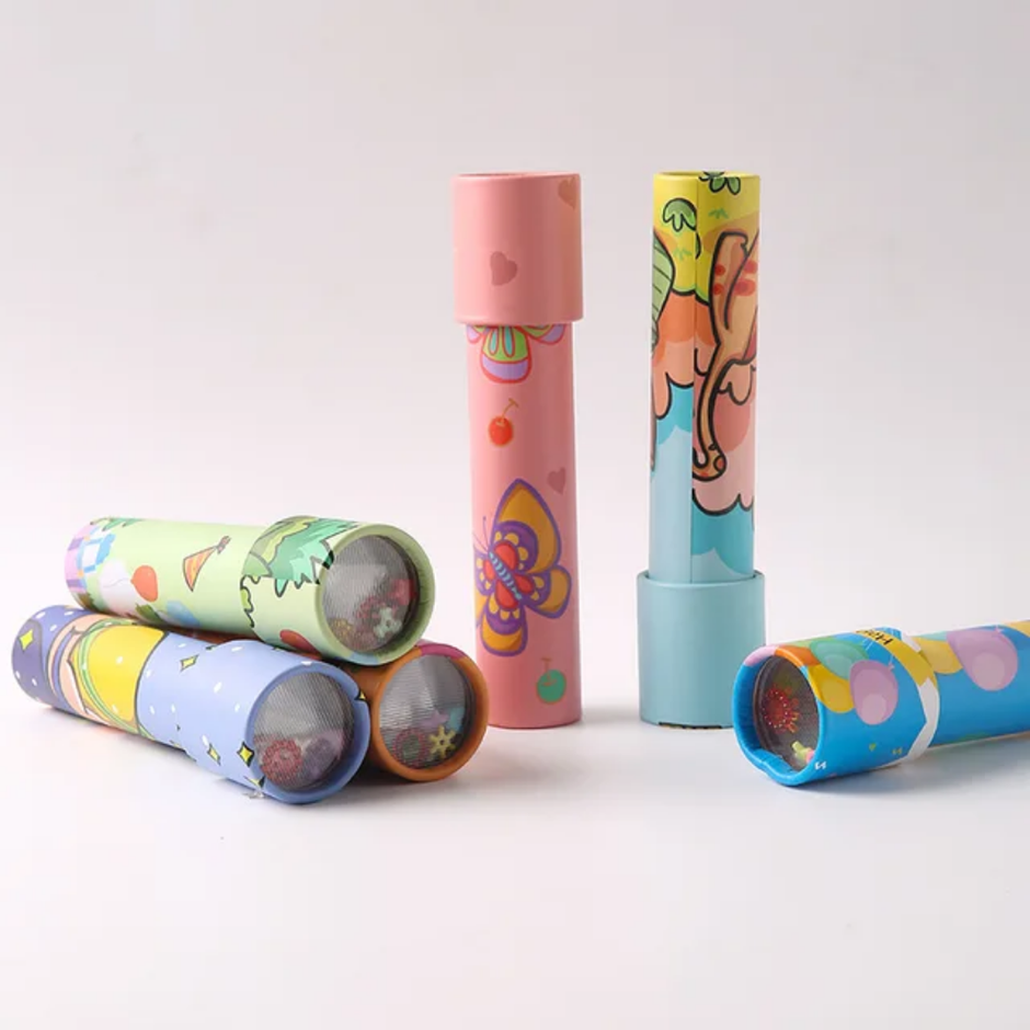Colourful kaleidoscope pipe toy for children showing symmetrical rainbow patterns and visual sensory exploration