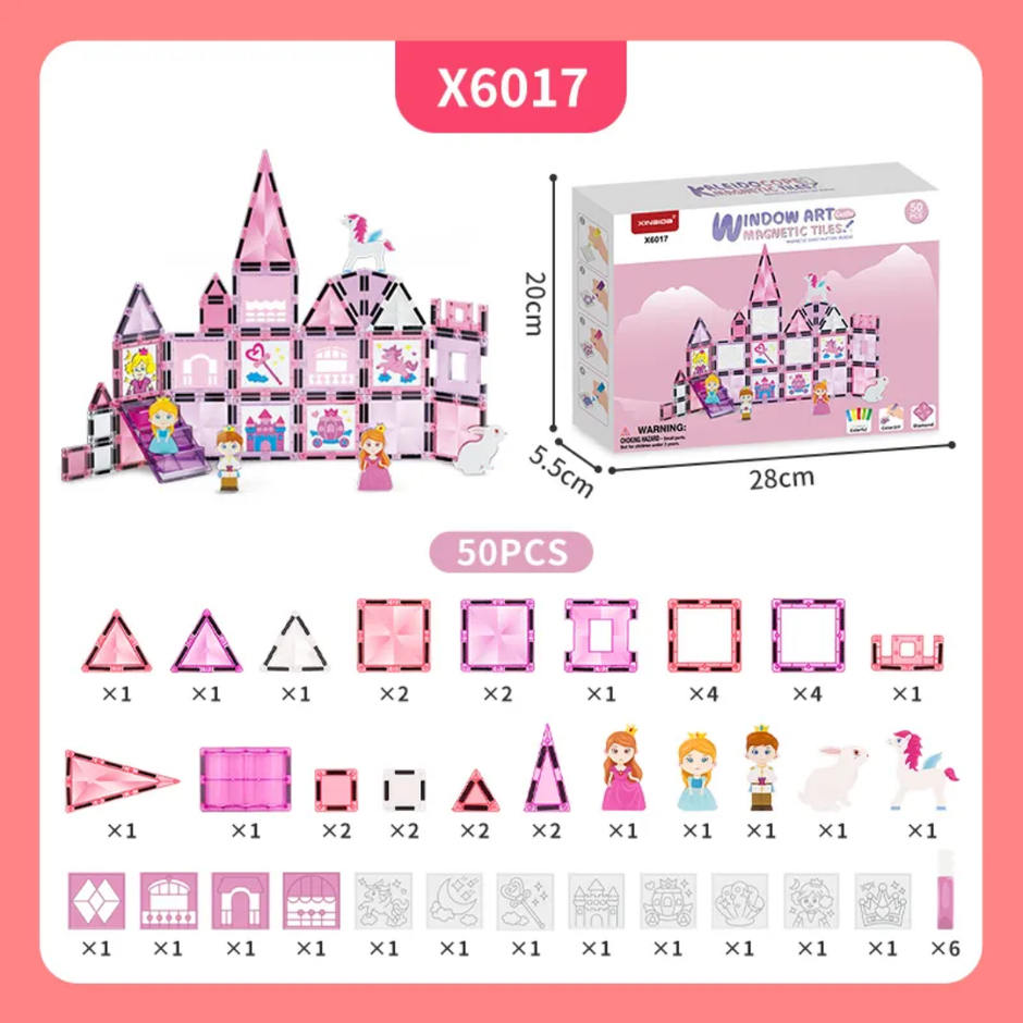 Window Art Magnetic Tile Blocks - 50 pcs Castle Theme Construction Game