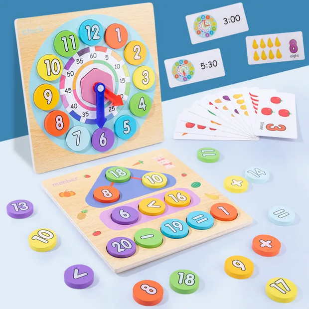 Wooden Numerical Learning Game with Cards - 2 in 1 Digital Clock