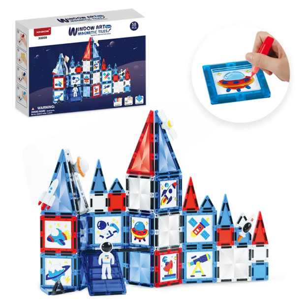 Art Magnetic Tile Building Blocks - 58 pcs Construction Game (Astronaut Theme)