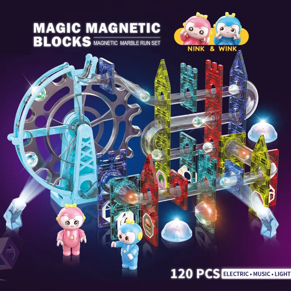Magna Flow Pro - 120 Pieces Magic Magnetic Tile Blocks with Marble Run Set (Music & Lights)