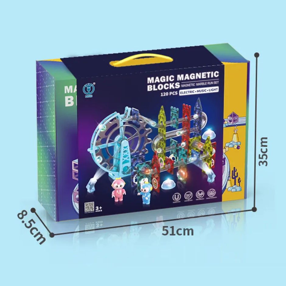 Magna Flow Pro - 120 Pieces Magic Magnetic Tile Blocks with Marble Run Set (Music & Lights)