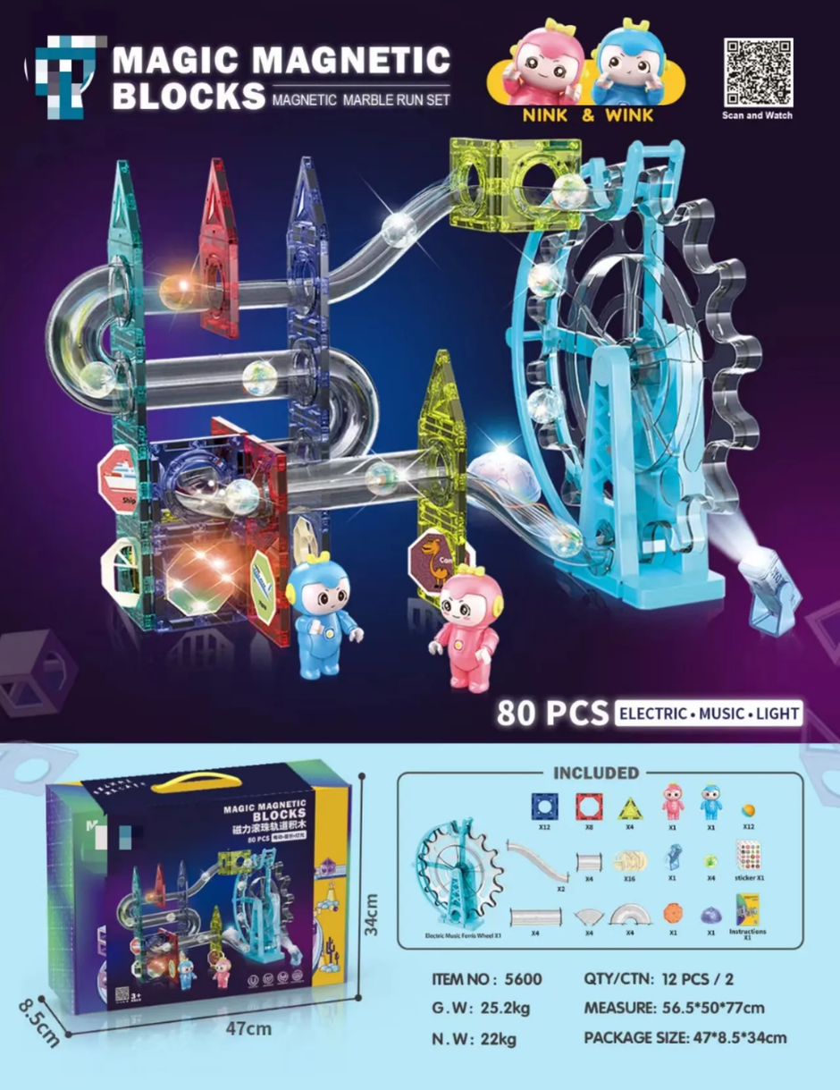 Magna Flow Pro - 120 Pieces Magic Magnetic Tile Blocks with Marble Run Set (Music & Lights)