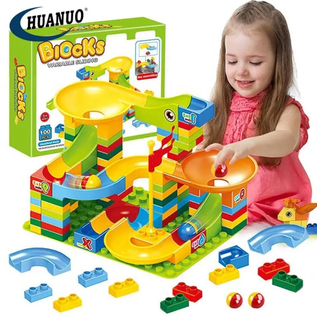 Blocks Sliding Ball Drop Builder - 100 Pieces Variable Block & Marble Run Set (Classic Brights)
