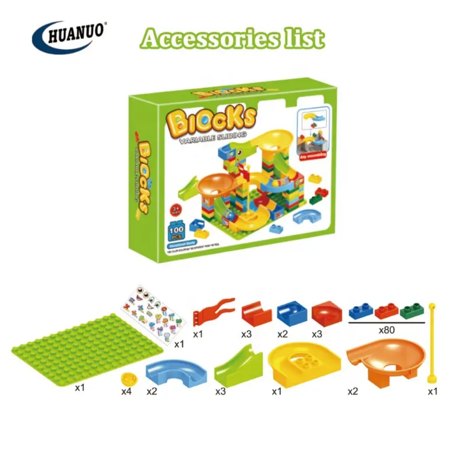 Blocks Sliding Ball Drop Builder - 100 Pieces Variable Block & Marble Run Set (Classic Brights)