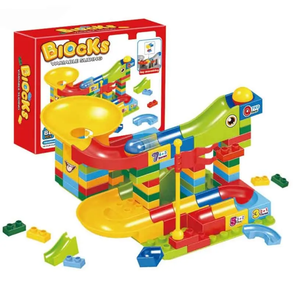 Blocks Sliding Ball Drop Builder - 88 Pieces Variable Block & Marble Run Set (Dino Edition)