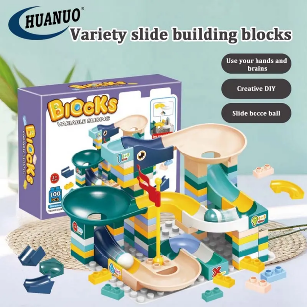 Blocks Sliding Ball Drop Builder - 100 Pieces Variable Block & Marble Run Set (Violet edition)