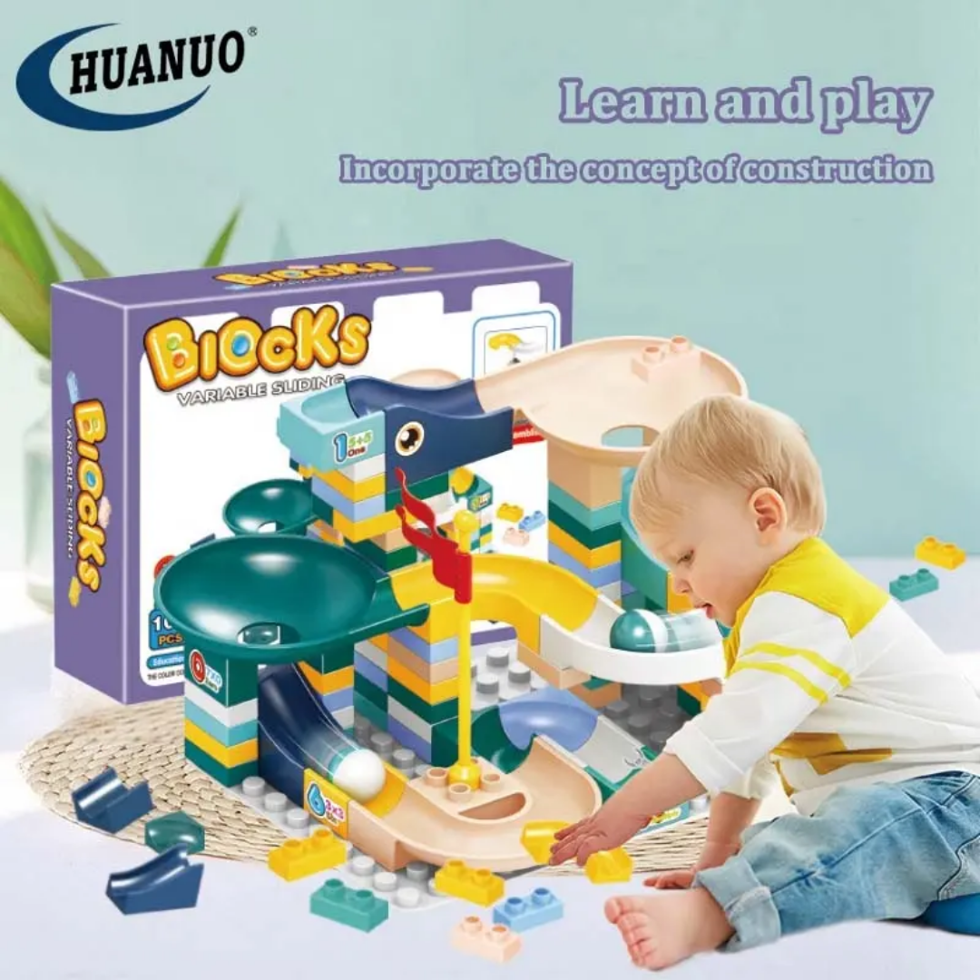 Blocks Sliding Ball Drop Builder - 100 Pieces Variable Block & Marble Run Set (Violet edition)